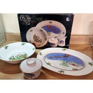 Meiwa The Night Before Christmas Platter Serving Bowl & Sugar Dish Set of 3 READ
